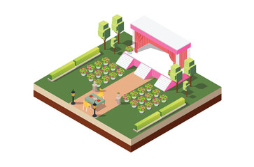 Modern isometric illustration of a sacred marriage vow altar with a flower garden, table 
and beautiful ornaments background isolated White