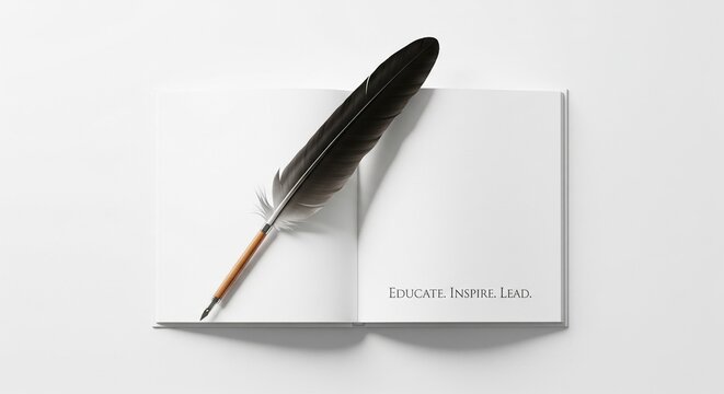Close-up of a quill pen on an open notebook ready for writing symbolizing creativity inspiration and old-fashioned elegance