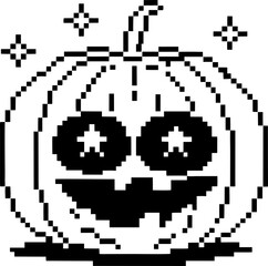 Fototapeta premium Pixel art pumpkin with happy face and stars retro 8 bit style, black and white halloween seasonal illustration