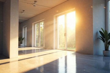 Obraz premium Sunlight Dances Through Modern Windows, Illuminating a Bright and Airy Interior Space