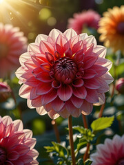 dahlia flowers with sunlight , red and yellow dahlia flowers