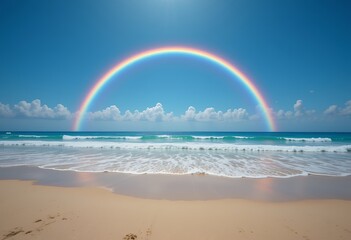 Vibrant full arc rainbow shining over a calm sandy beach with gentle ocean waves and blue sky