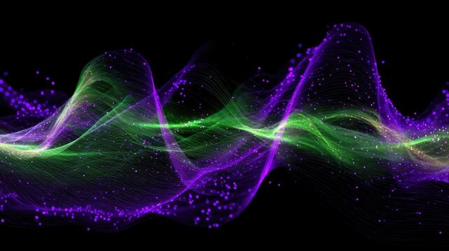Abstract swirling lines of vibrant green and purple particles on black background