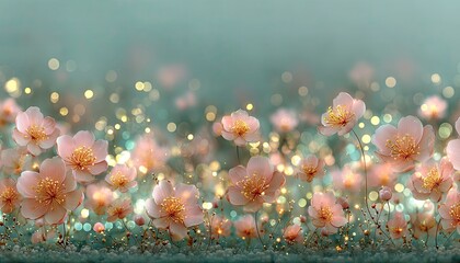 Delicate pastel pink flowers, glowing with golden light, soft bokeh background