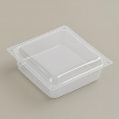 Empty square plastic food container with transparent lid on beige background