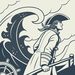Vector art of a vintage illustration of a captain at the helm of a ship during a storm with large waves