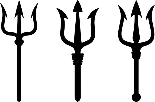 Three stylized black trident silhouettes on a white background, representing power and mythology.