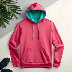 Blank pink hoodie mockup with teal hood interior and drawstrings on flat lay background