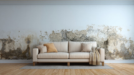 Fototapeta premium a modern living room dominated by a pure white wall, slightly damaged by rising damp. 3D Illustration.