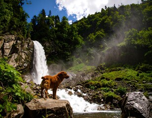 Dog by waterfall in lush mountain scenery