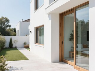 Modern white house with wooden-framed glass doors and a well-maintained garden courtyard