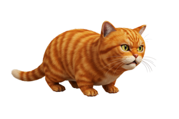 Realistic ginger cat in crawling pose with focused eyes, isolated on white background for pet, feline, and animal behavior illustration projects