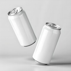 Floating blank aluminum beverage can mockup with white surface on light background