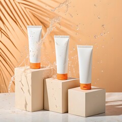 Cosmetic tube mockup with orange caps on podium with water splash and tropical background