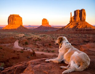 Dog gazing at Monument Valley sunrise