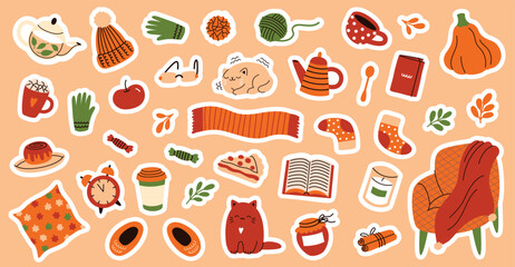 Autumn cozy stickers. Warm fall collection with tea, coffee, blanket and cat and soft armchair. Vector flat cartoon illustration