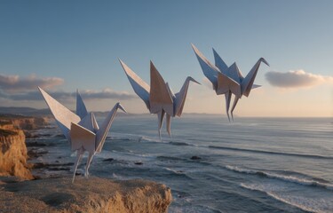 Origami cranes soar over ocean cliffs at sunset