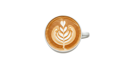 Latte art coffee cup with leaf design.