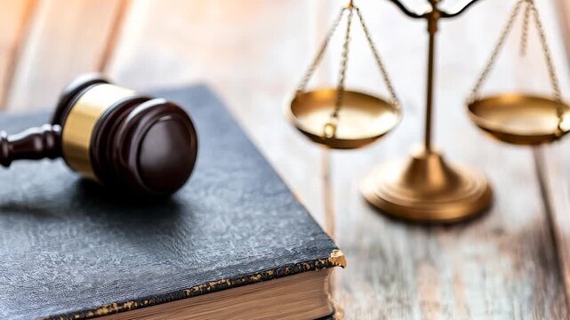 A classic gavel rests on a legal book beside scales of justice, symbolizing law and authority. This image reflects the essence of legal proceedings and ethics.