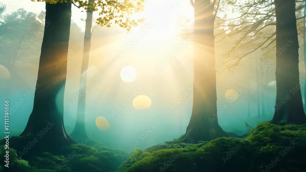 Poster a tranquil forest scene capturing the interplay of sunlight and shadows among tall trees. lush green