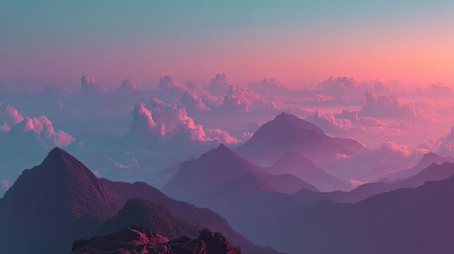 Mountain vista at dawn, hazy clouds