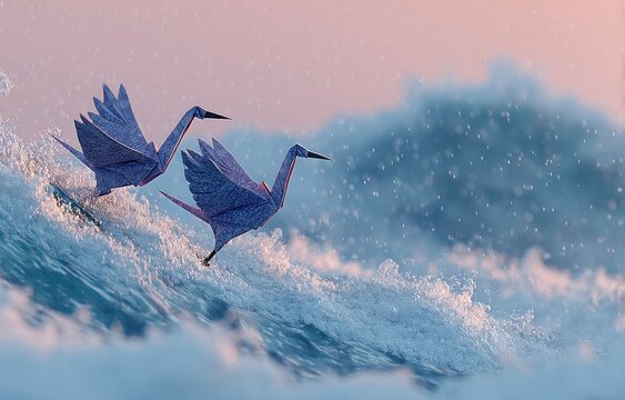 Two origami cranes, light purple, soar over waves at dawn, soft pastel colors, snowy effect - Powered by Adobe