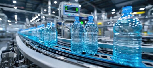 Clear plastic water bottles on a conveyor belt in a modern bottling factory