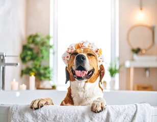 Dog in a flower headband, bathroom