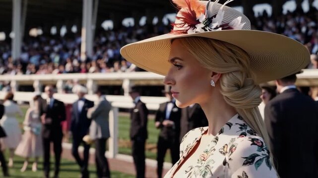 Elegant blonde woman in hat and floral dress at horse racing event, spring atmosphere.