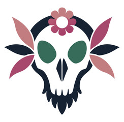A stylized black vector illustration of a lion and a floral skull with a green leaf and spring petals
