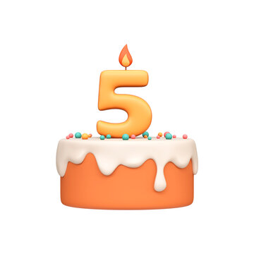 Cartoon 3D Birthday Cake with Candle Number 5. Birthday Cake for 5 Years Old.