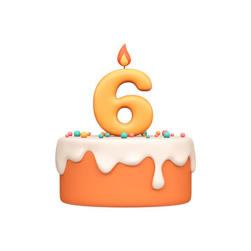 Cartoon 3D Birthday Cake with Candle Number 6. Sixth Birthday Cake.