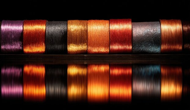Row of colorful thread spools reflected on a dark surface