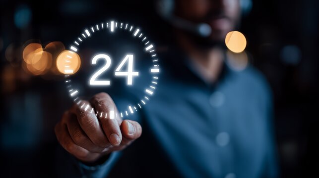 A man interacts with a glowing digital clock displaying 24, symbolizing around-the-clock service and technology integration.