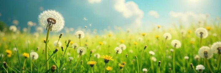 Fototapeta premium Vast field of fluffy dandelion clocks swaying gently in the breeze, a breathtaking display of nature's beauty Perfect for spring, nature, and whimsical themes , delicate, vibrant, landscape