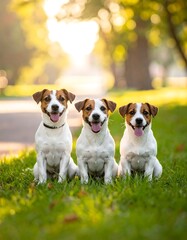 Three dogs sitting in grass, sunny day