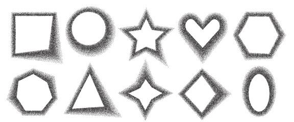 Noise uneven geometric shapes frames set. Grainy textured black shades y2k frame callouts elements. Rhombus, rectangle, star and heart dots text boxes. Vector gritty forms. Grunge dust powder figures.