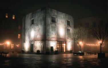 Misty night, square, lit building
