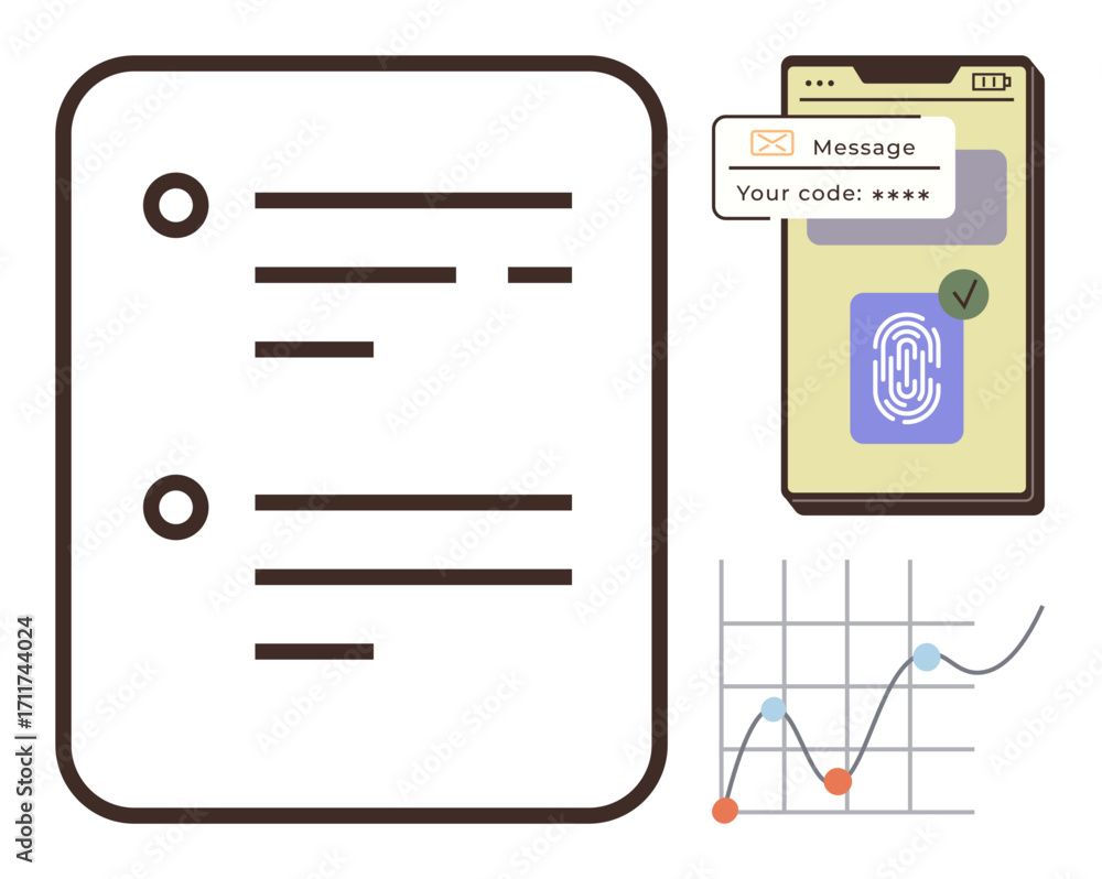 Fototapete document and checklist next to smartphone screen with fingerprint and otp indication, beneath perfor