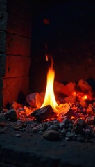 A single, glowing ember slowly fades in a vast, cold fireplace, representing the feeling of isolation and warmth lost , fading, hearth