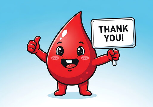 A cheerful blood drop cartoon character holding a thank you sign, giving a thumbs up, with a blue gradient background, promoting blood donation