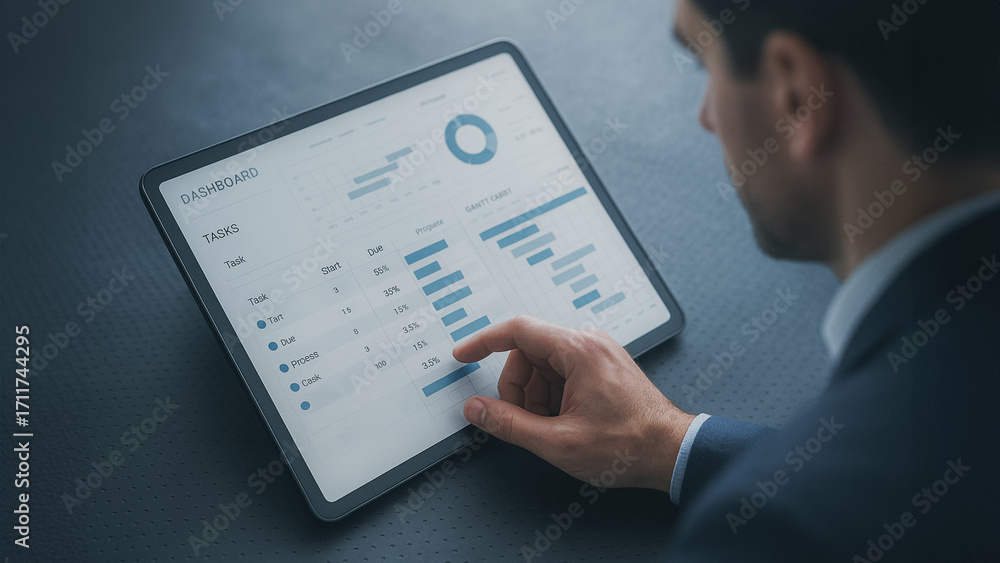 Poster a focused professional examines data displayed on a tablet. the image suggests analytical insights, 