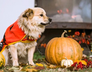 Dog in Halloween costume near a pumpkin