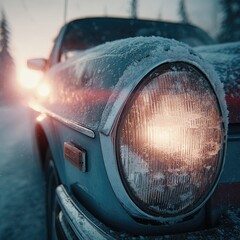Frosty headlight of a vintage car in winter