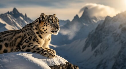 Majestic Snow Leopard on Mountain Peak.