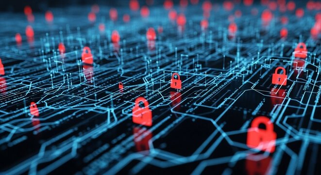 Digital Security Network Conceptual Abstract Network with Locked Padlocks Representing Cyber Protection