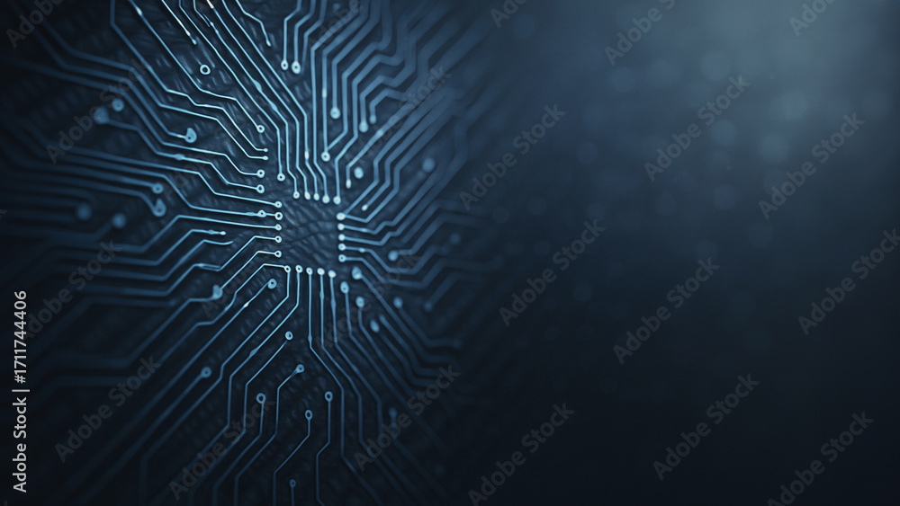 Poster a captivating shot of a intricate circuit board, showcasing the complex pathways of a microchip, bat