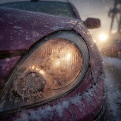 Frozen headlight of a pink car in winter