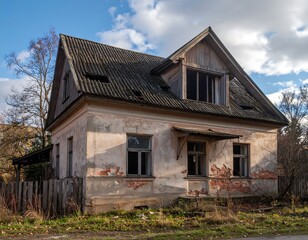 Abandoned house with peeling paint and broken windows