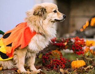 Dog in pumpkin costume by fall wreath